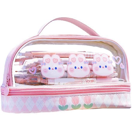 Trousse à crayons imperméable, motif dessin animé mignon, transparente, avec fermeture éclair pour les étudiants rose