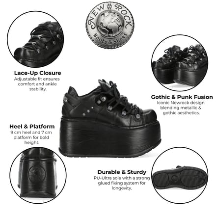 New Rock M-120N-C96 Zwarte Leren Gothic Chunky Platform Enkellaarsjes