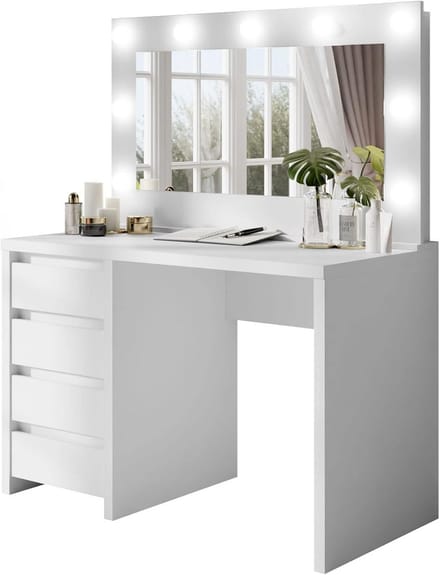 Glamoureuze Make-up Tafel met Spiegel en LED Verlichting, Modern Wit Consola