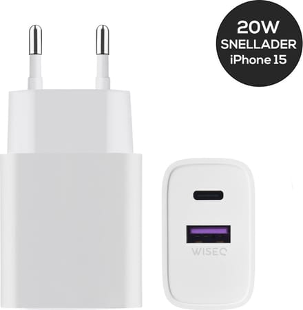 USB & USB C snellader – oplader met 2 poorten – USB C adapter geschikt voor iPhone 17/16/15 en Samsung – wit – WiseQ