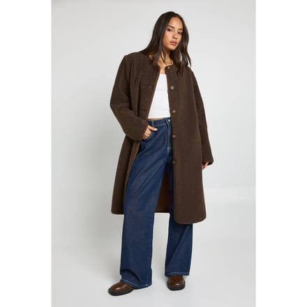 boohoo Dames Teddy Zonder Kraag Maxi Jas | Brown | Maat: 8