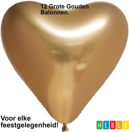 *** 12 Balonnen Chroom- Hart- Ballonnen - Goud - 30cm - van Heble® ***