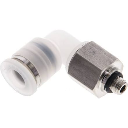 6mm x M 5 90 graden L-verbinding PA/RVS Insteekfitting Buitendraad Draaibaar EPDM