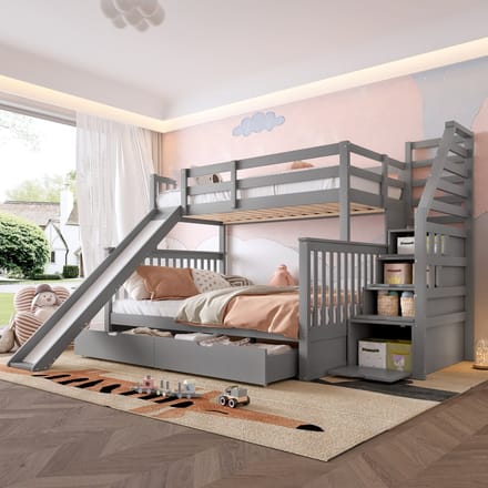 Stapelbed - 90x200 en 140x200 cm - Multifunctioneel Bed - Glijbaan, Lades en Opslag - Grijs