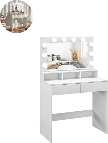 Kaptafel met spiegel - Make up tafel - Make up - Toilettafel - Met lades - 80B x 40D x 135H cm - Wit