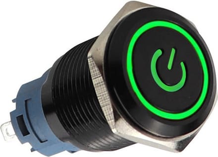 Push schakelaar groene verlichting - 19mm - Power symbool