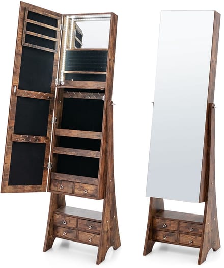 COSTWAY Sieradenkast met spiegel, spiegelkast met verlichting, sieradenorganizer met laden en inklapbare plank