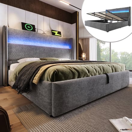 Hydraulisch bed - 140x200 - Hoog Hoofdeinde LED Stauraum USB/Type-C - Linnen - Grijs - Zonder matras