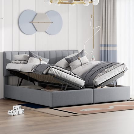 OKWISH Gestoffeerd Bed 180x200 cm - Bed Met Lattenbodem En Opbergruimte - Linnen - Grijs