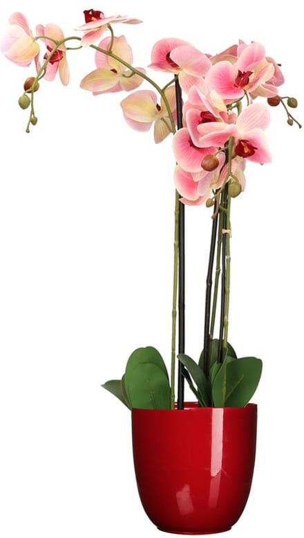 Orchidee kunstplant roze - 75 cm - inclusief bloempot rood glans - Kunstbloemen in pot