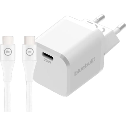BlueBuilt Power Delivery Oplader 20W + Usb C Kabel 3m Nylon Wit
