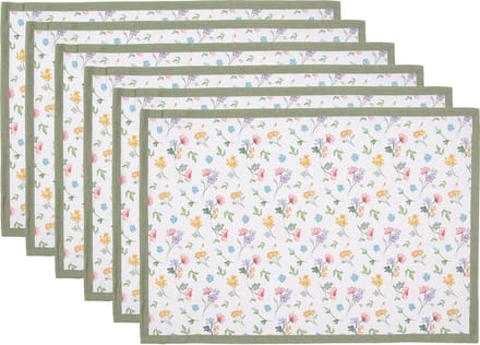 Clayre & Eef Placemats Set van 6 48x33 cm Wit Groen Katoen Bloemen