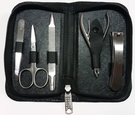 Old Barbers zeer luxe Manicure Etui - 6 Delig - RVS - Zwart - Echt Leer