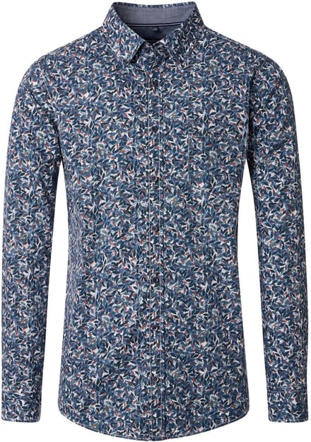 CASA MODA Sport casual fit overhemd - popeline - donkerblauw - lichtblauw en wit dessin