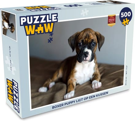 Puzzel Boxer puppy ligt op een kussen - Legpuzzel - Puzzel 500 stukjes