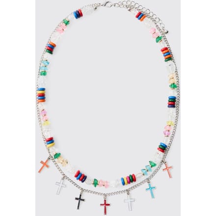 Double Layered Multi-Colour Beaded Cross Necklace