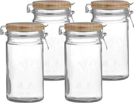 Urban Living Voorraadpot/bewaarpot - 4x - 1L - glas - met beugelsluiting - bamboe deksel