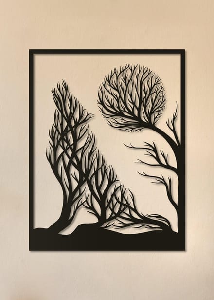Wanddecoratie dieren | Wolf met volle maan van takken - L (47x60cm)