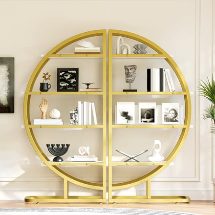 Boekenkast Open Kast Metalen Rek MDF Goud Wit Boogvorm Design N2