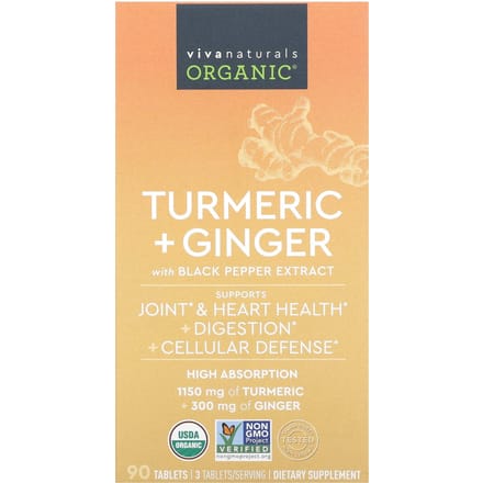 Viva Naturals, Bio, Curcuma + Gingembre, 90 Comprimés