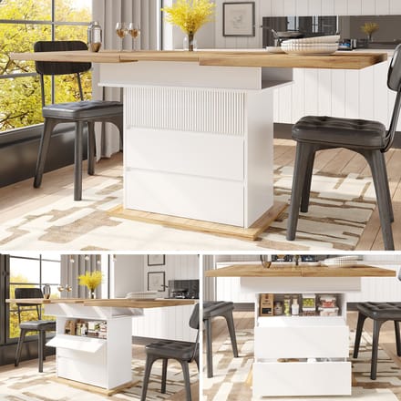 Eettafel - 110-140×80 cm - Telescooptisch Uittrekbaar - Plaatsbesparend, 3 Planken - MDF - Wit