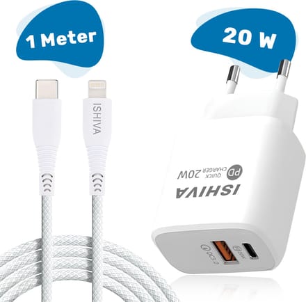ISHIVA USB C Adapter Oplader USB stekker - USB-C naar Lightning Kabel - 20W Snellader - Oplader - 2 jaar Garantie - Wit - 1 meter