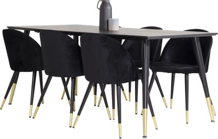 Dipp180x90BLBR eethoek eetkamertafel zwart en 6 Velvet eetkamerstal velours zwart, messing decor.