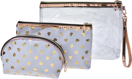 Juleeze Toilettas Dames Set van 3 23x17 / 20x13 / 18x12 cm Wit Goudkleurig Polyester Hartjes