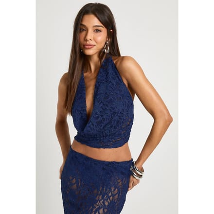 boohoo Dames Glitter Kant Cowl Hals Top | Navy | Maat: 14