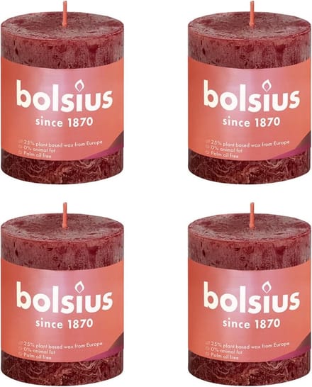 Bolsius Stompkaarsen Shine 4 st rustiek 80x68 mm fluweelrood