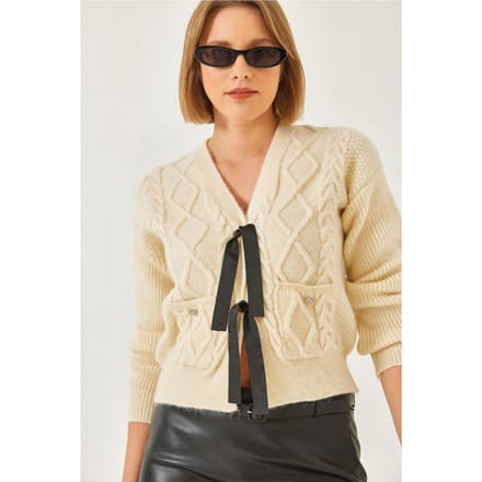 Gestructureerde V-hals Korte Cardigan met Pompom