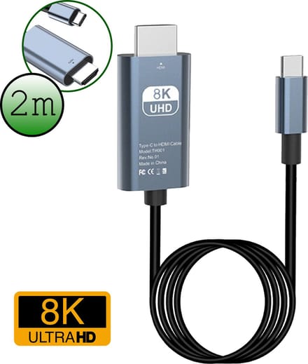 USB C naar HDMI Kabel 8K HD 60Hz Kwaliteit - USB C naar HDMI Adapter Converter - 2 meter - Zwart