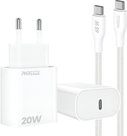 Phreeze usb C snellader 20w met usb C naar usb C kabel 1 meter - Gevlochten Wit