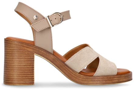 No Stress - Dames - Beige suède sandalen met blokhak - Maat 41