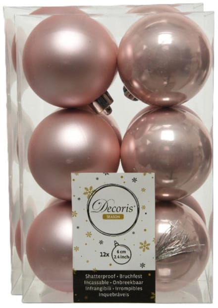 Decoris kerstballen - 24x st - lichtroze - D6 cm - kunststof - kerstversiering