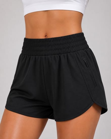 SparkNine Zipease short dames - dubbellaags - met zak - ritssluiting - korte sportbroek - M - zwart - elastische taille - sneldrogend - functioneel & comfortabel
