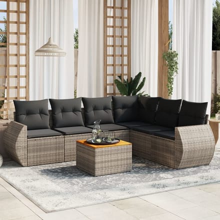 vidaXL - 7-delige - Loungeset - met - kussens - poly - rattan - grijs