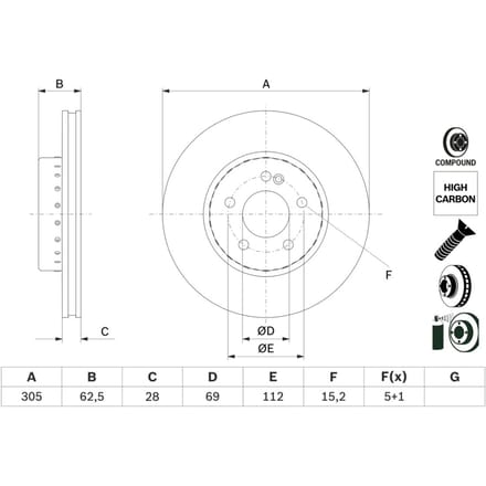 Remschijf BOSCH 0 986 479 H46 voorkant, geventileerd, sterk gecarboniseerd, 1 Stuk