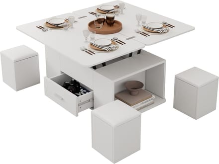 MODFU Salontafel 100x50 cm van spanplaat, uitschuifbaar tot 100x100 cm, hoogteverstelbaar, wit, 4 hockers