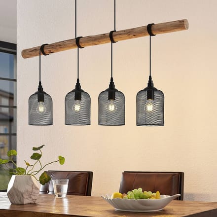 Lindby - hanglamp - 4lichts - Metaal, hout - H: 24.5 cm - E27 - matzwart, licht hout