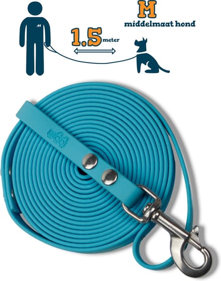 Miqdi hondenriem - BioThane® – lichtblauw – 1.5 meter lang – 13mm breed – M – middelmaat hond