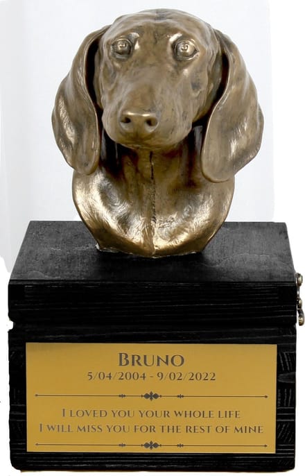 Urn hond met gravure en sculptuur van langharige teckel