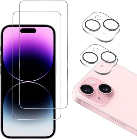Screenprotector geschikt voor iPhone 15 - 2 stuks Beschermglas van glas Transparante glazen schermbeschermfolie + 2 stuks Camera Protector