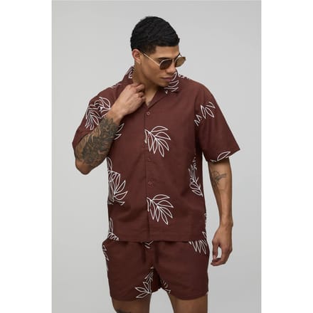 Oversized Linnen Shirt Met Palmboom Borduursel & Relaxed Short Set | Chocolate | Size Medium