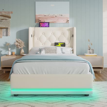Gestoffeerd bed eenpersoonsbed 90x200 cm met USB Type-C opladen met LED-verlichting - zonder matras - wit - PU