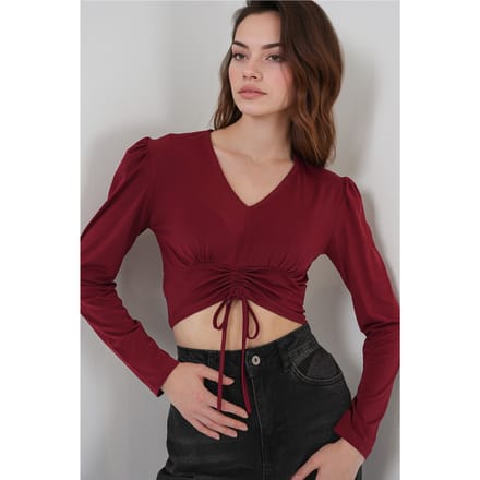 Gestructureerde V-hals Crop Top met Rimpeldetail