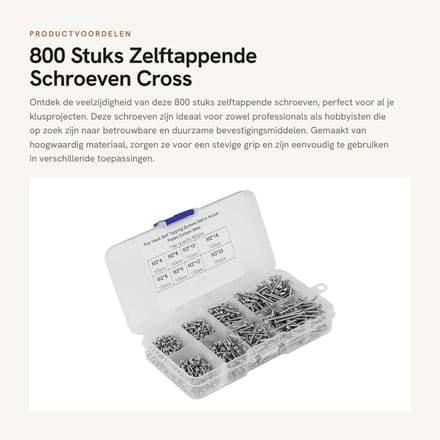 Dailygoods- Zelftappende Schroeven 800 Stuks - Cross Pan Head - Assortiment Box - Plastic Case - Boren Staartschroeven - Kwaliteitsborging