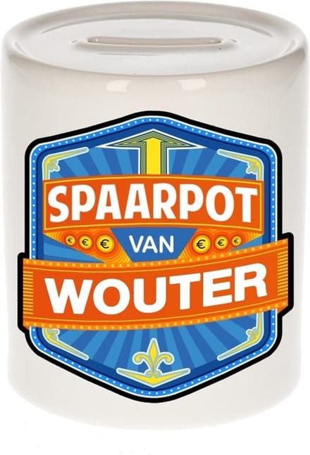 Bellatio Decorations Kinder spaarpot met naam - Wouter - keramiek - met dop - wit - Sparen - Spaargeld van Wouter