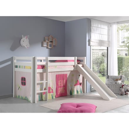 LUCEVI - Pino Halfhoogslaper + Ladder + Glijbaan + Spring Gordijntjes - Wit - 90x200 cm