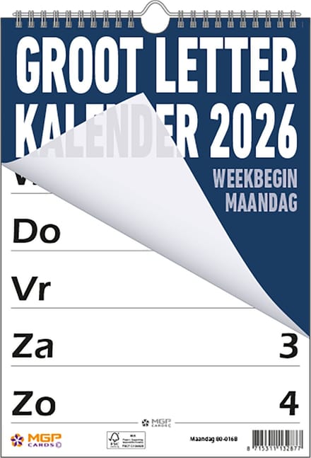 MGPcards - Grootletter kalender 2026 - Grootcijfer kalender - Week Planner - Week begint op maandag - 21 x 34 cm - Donker blauw